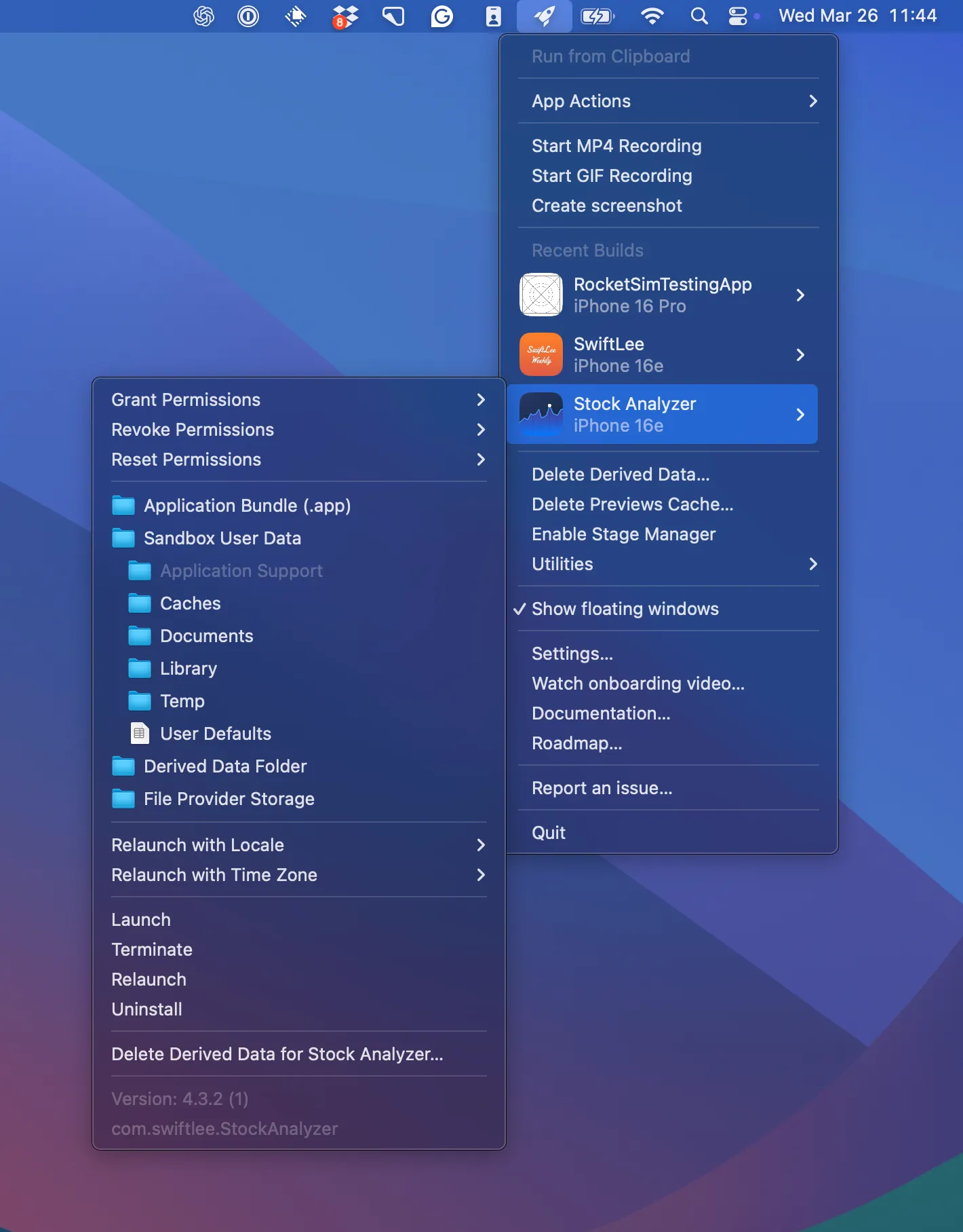 RocketSim opened from the MacOS menu bar. It shows a dropdown with navigation towards: deeplinks, screen recordings, screen captures, recent builds, deleting derived data, permissions, sandbox user data and more.
