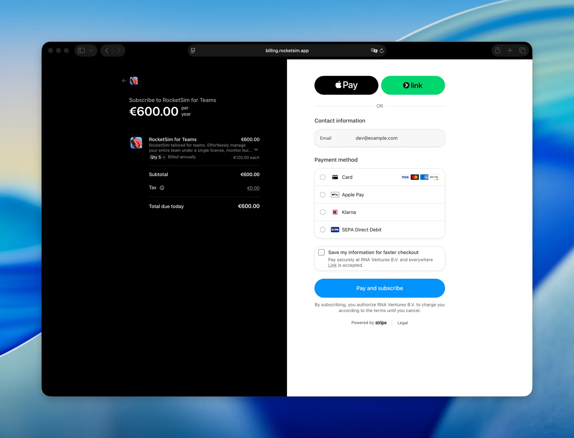 Stripe checkout for renewing RocketSim for Teams with the seat quantity and payment methods