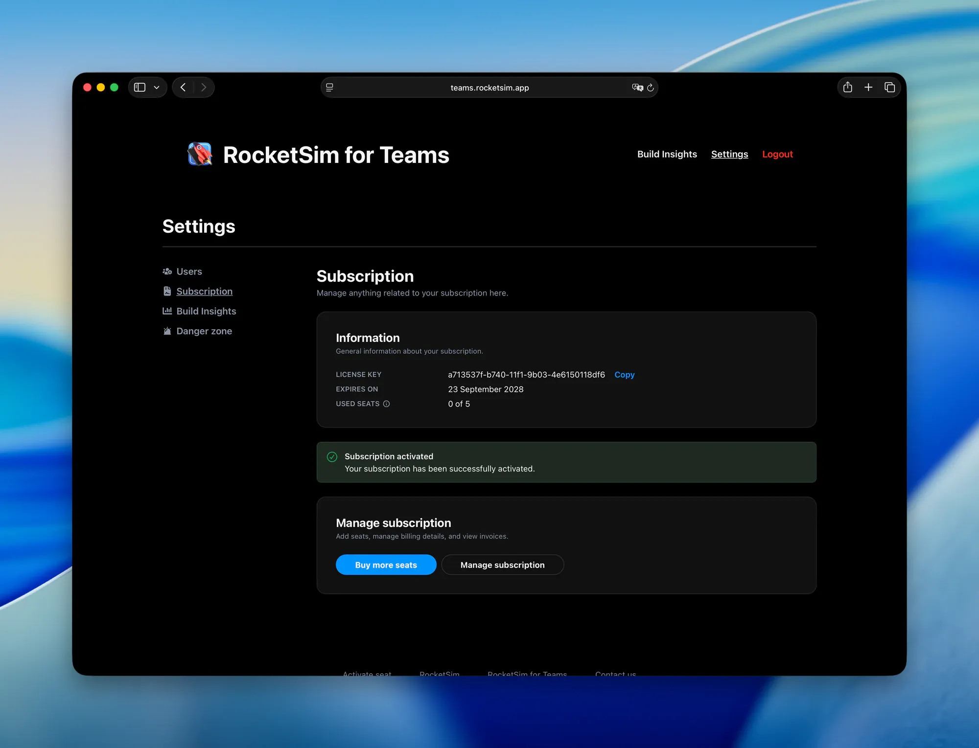 Subscription activated confirmation with the updated expiry date in the Teams dashboard