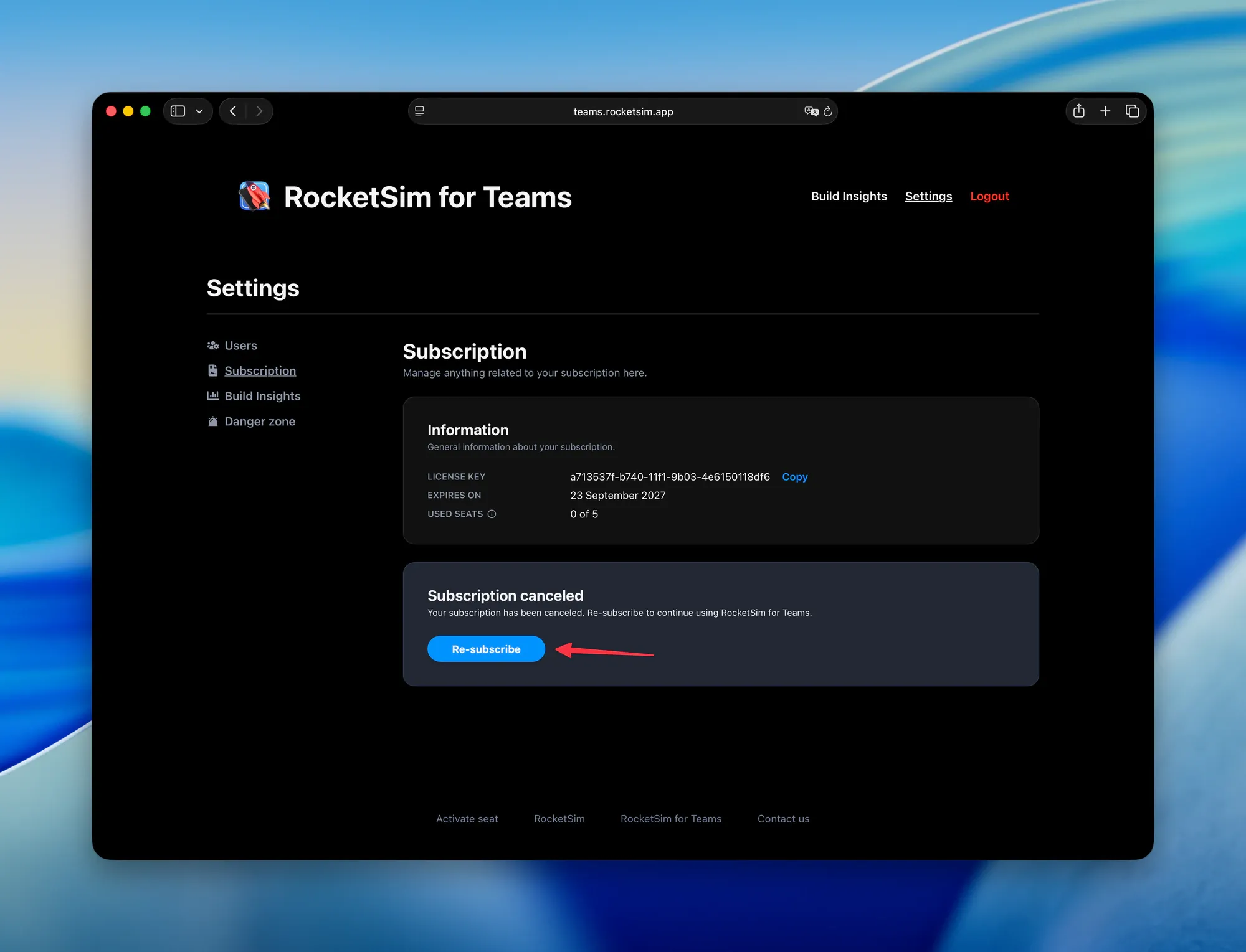 Subscription canceled card in the Teams dashboard with the Re-subscribe button highlighted
