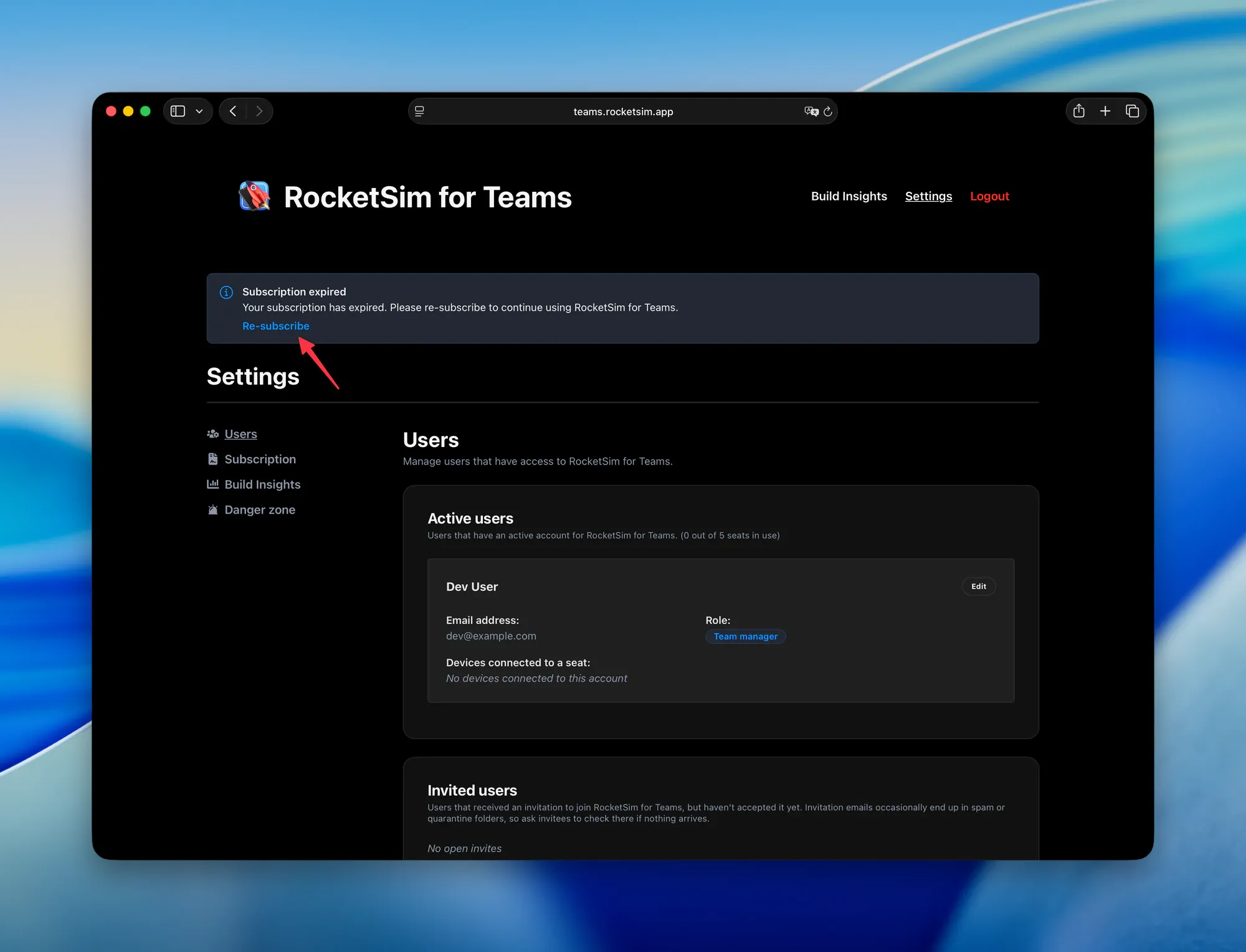 Subscription expired banner in the RocketSim for Teams dashboard with the Re-subscribe link highlighted