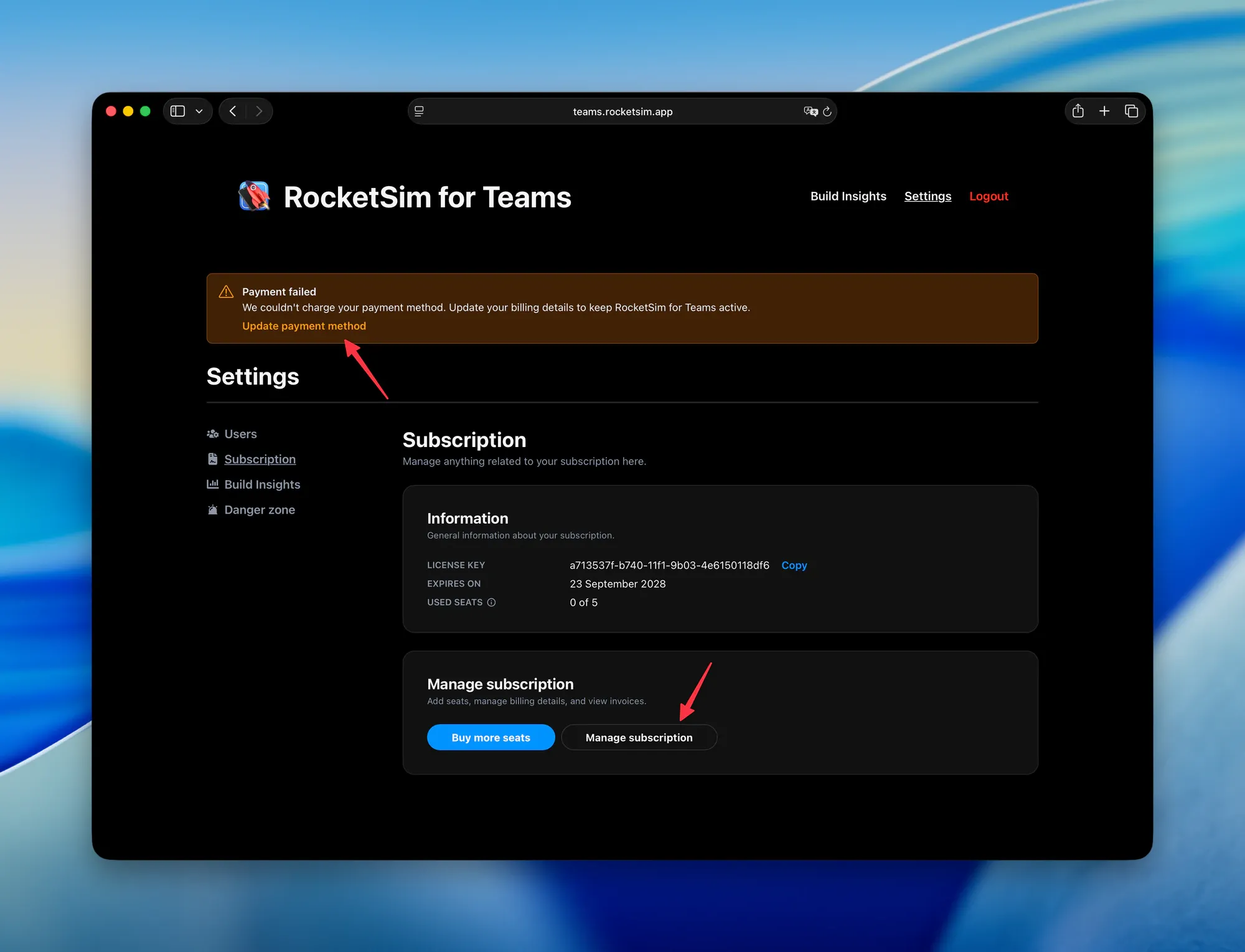 Payment failed banner with the Update payment method link and the Manage subscription button highlighted