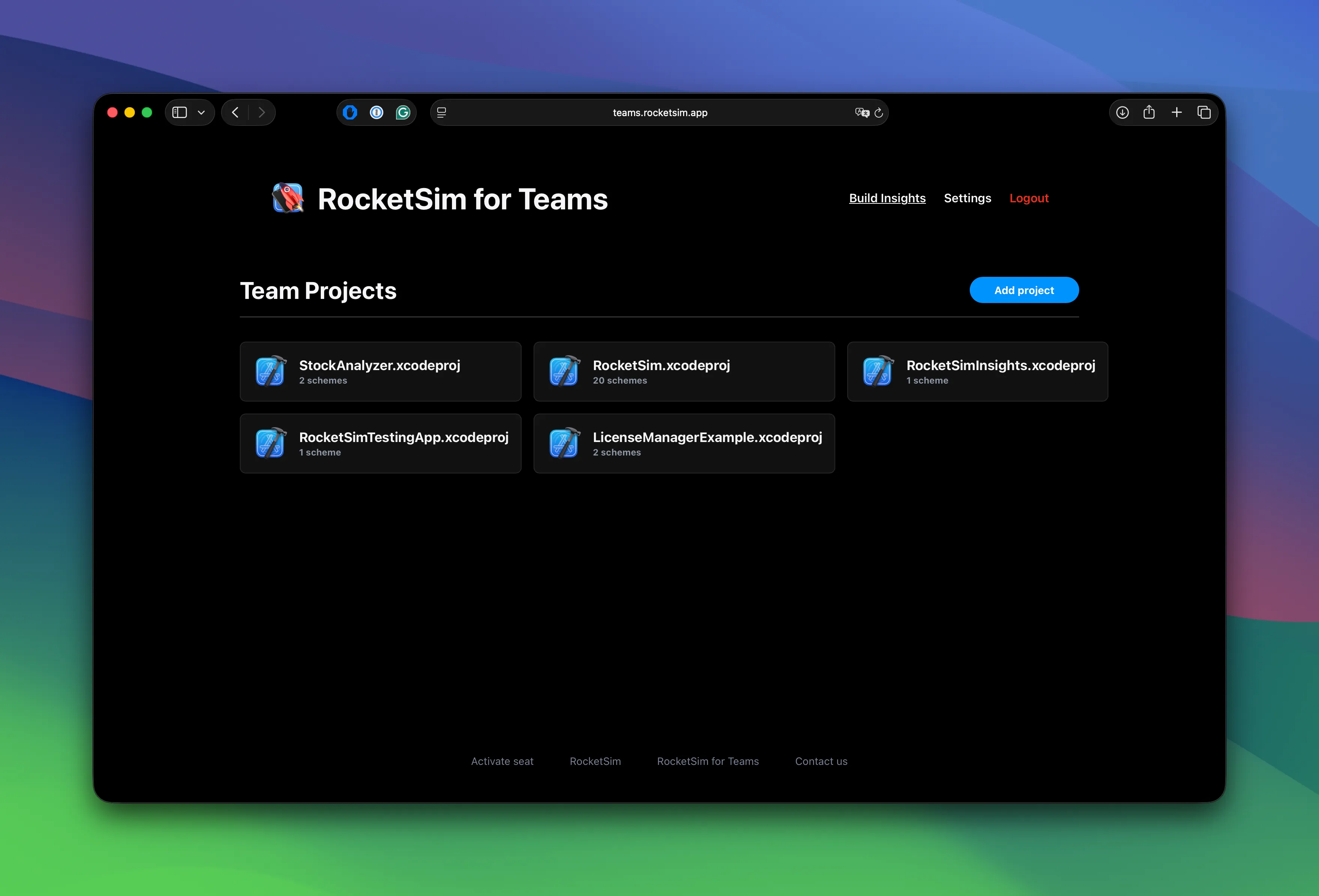 Team Projects overview showing multiple projects and schemes
