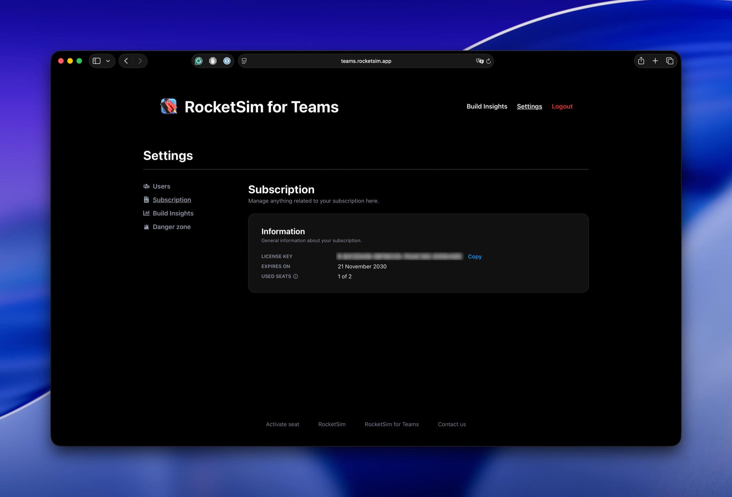 RocketSim for Teams subscription settings showing the license key, expiry date, and used seats