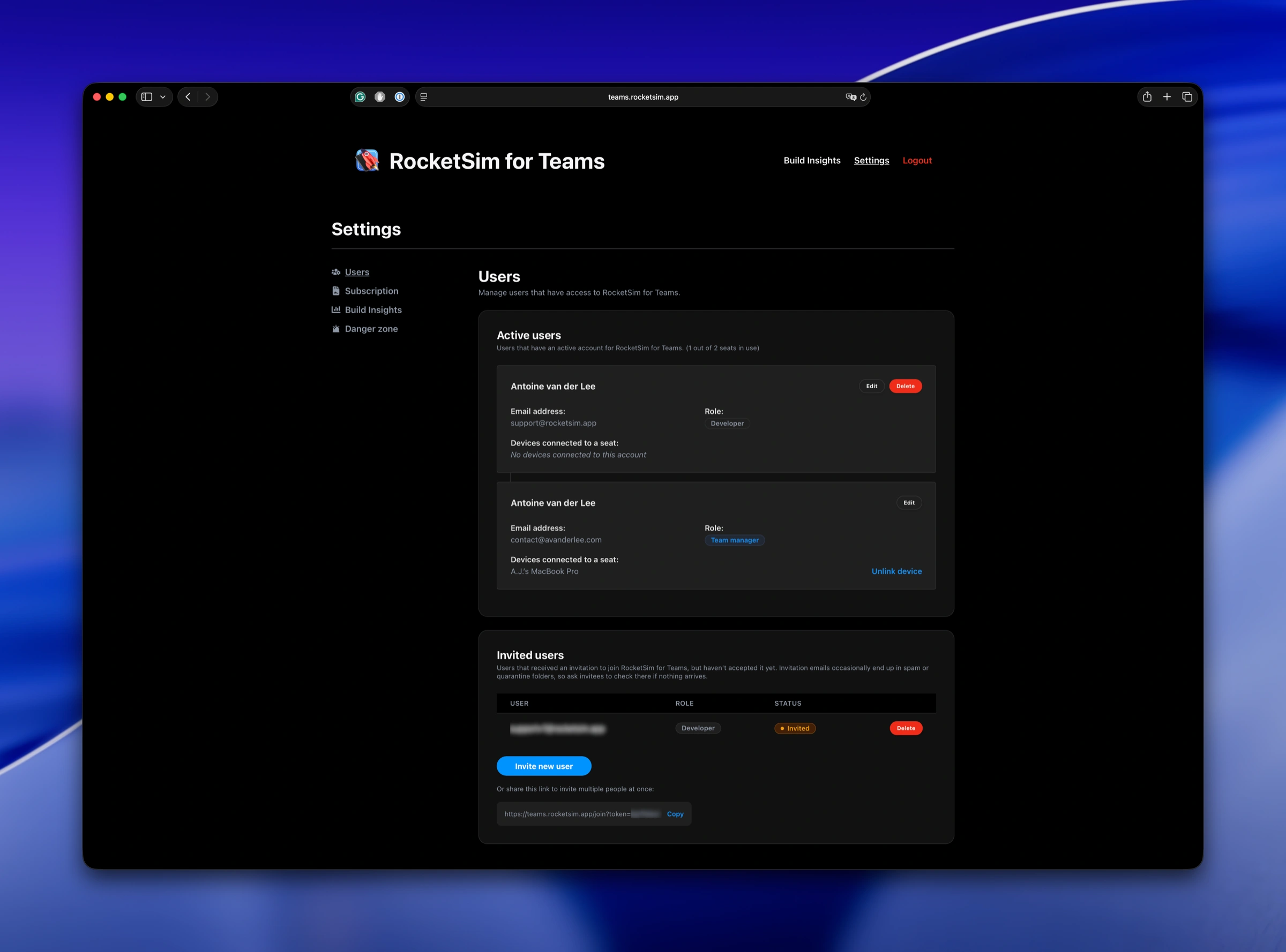 RocketSim for Teams user settings showing active users, invited users, roles, and seat management