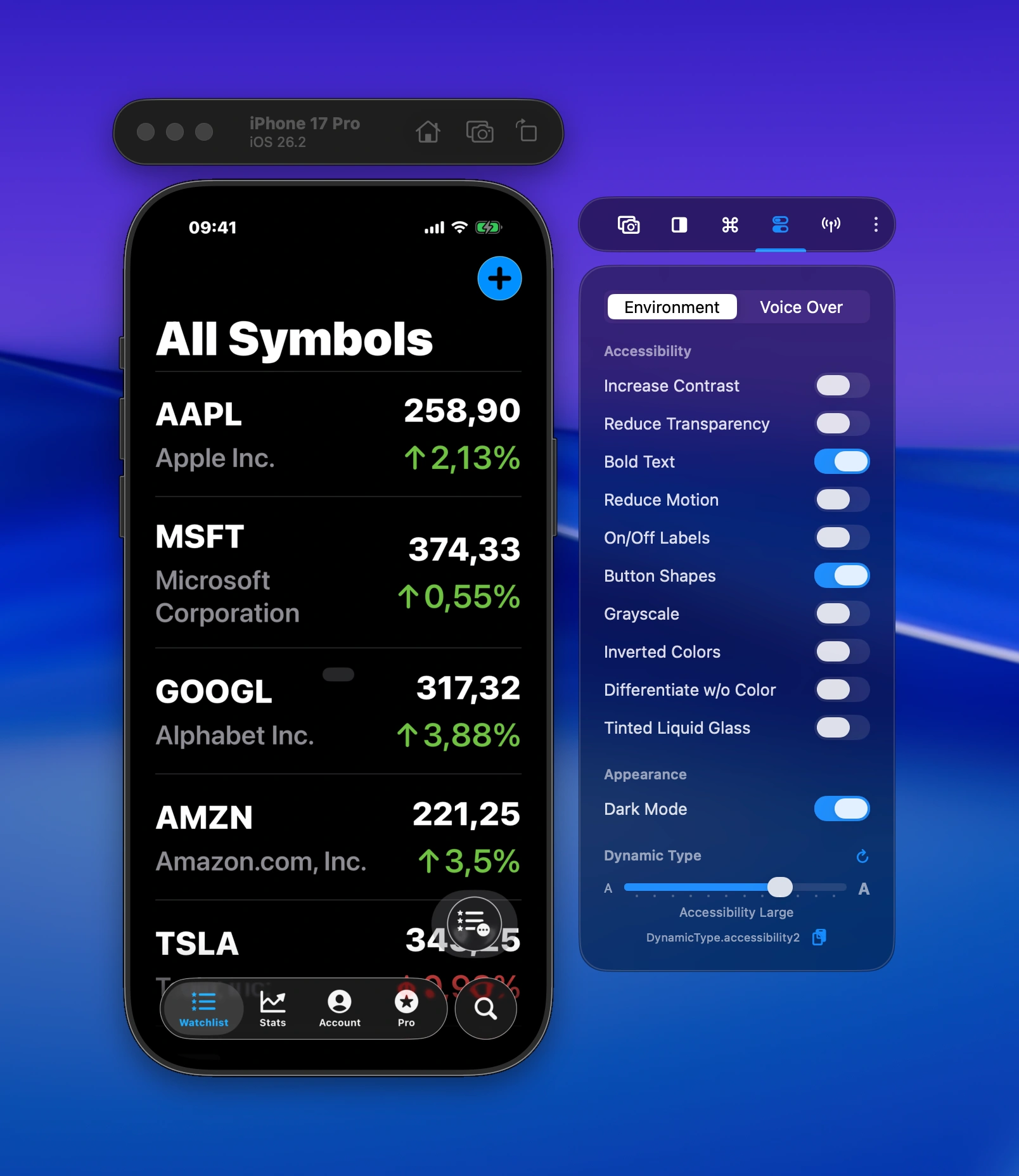 Toggle accessibility features like bold text, reduce motion, and change dynamic type sizes right from the side window.