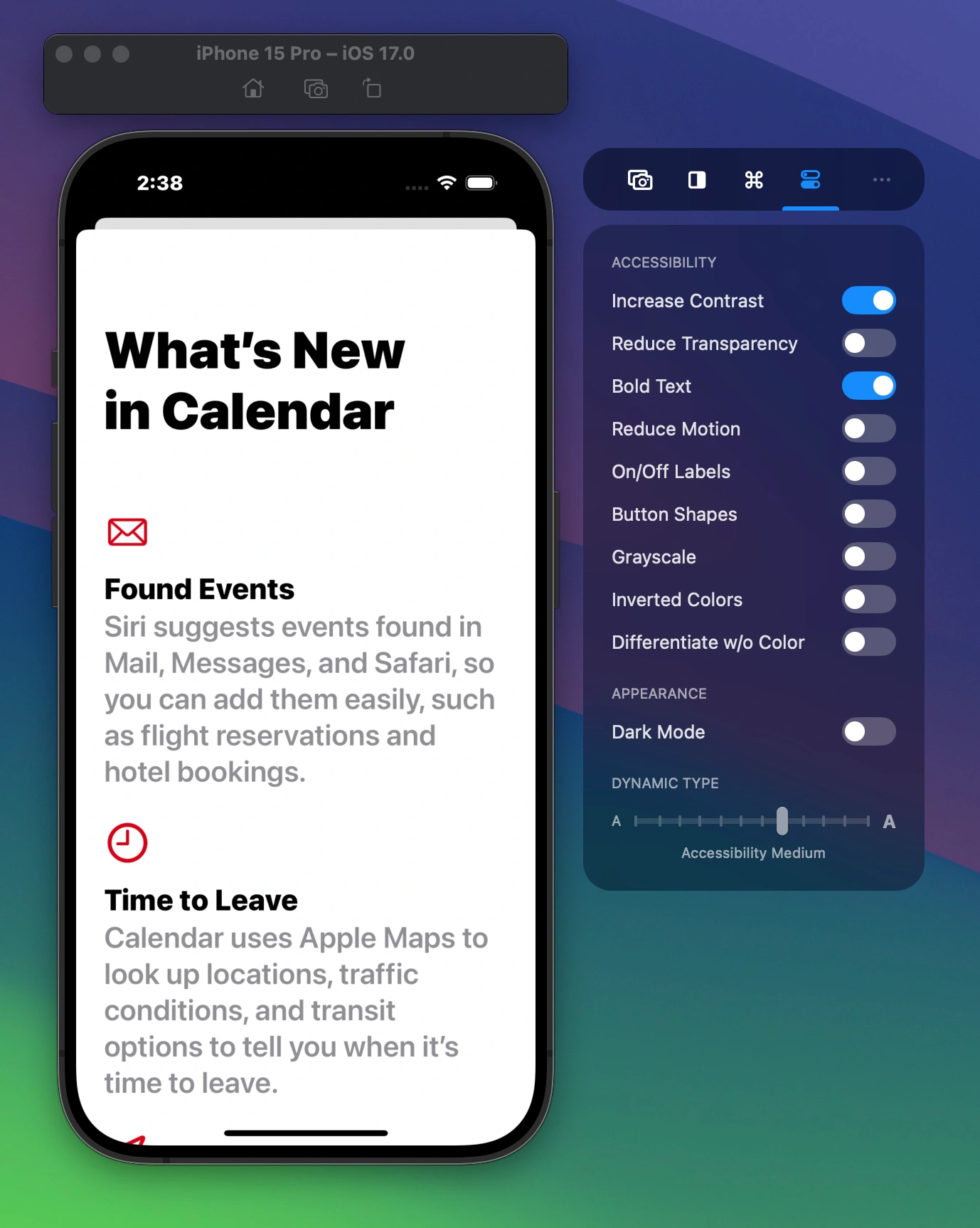 Toggle accessibility features like bold text, reduce motion, and change dynamic type sizes right from the side window.