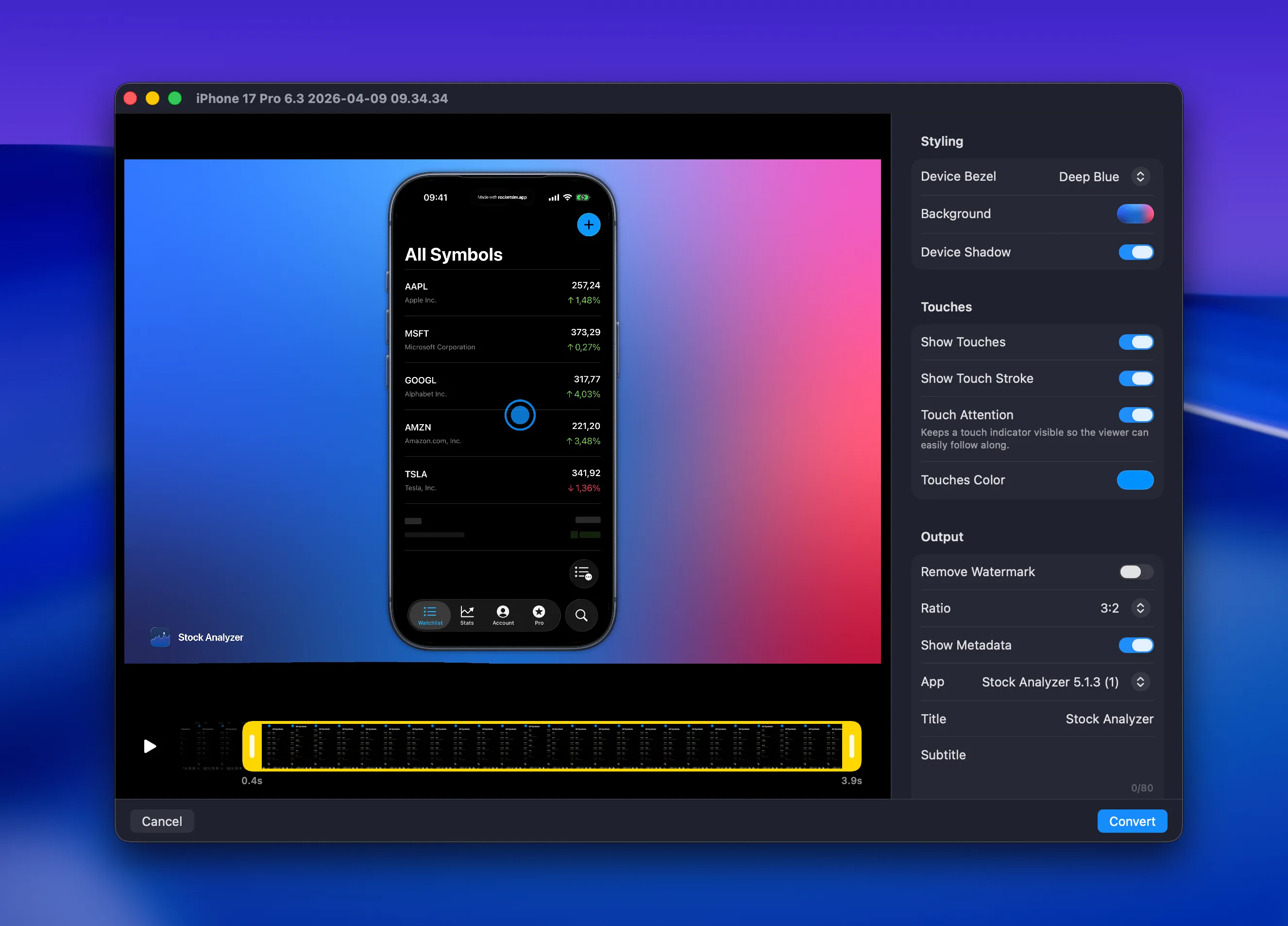 RocketSim Capture Editor open for a recording, showing live preview, trim controls, and export settings.