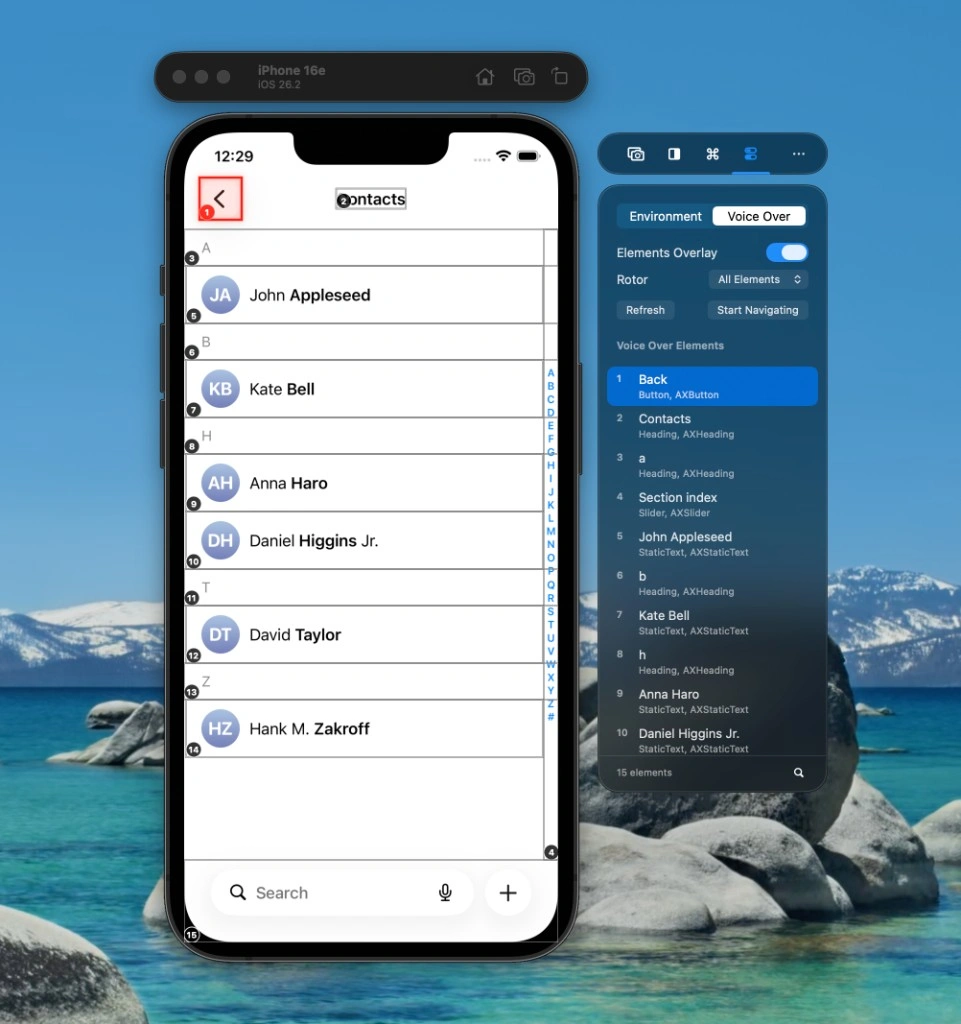 VoiceOver Navigator showing numbered accessibility elements overlaid on the Simulator, allowing you to verify reading order without a physical device.
