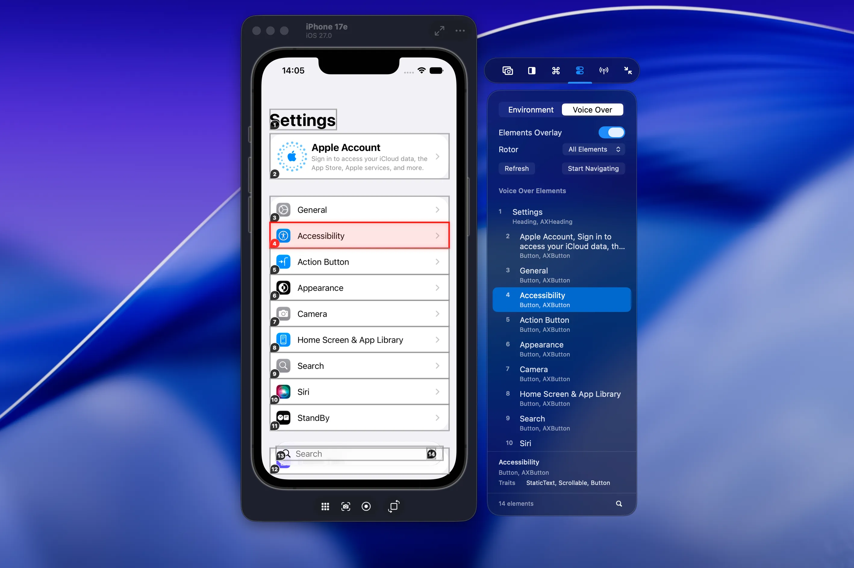 RocketSim's side window showing the VoiceOver Navigator next to an iPhone running inside Xcode 27's Device Hub