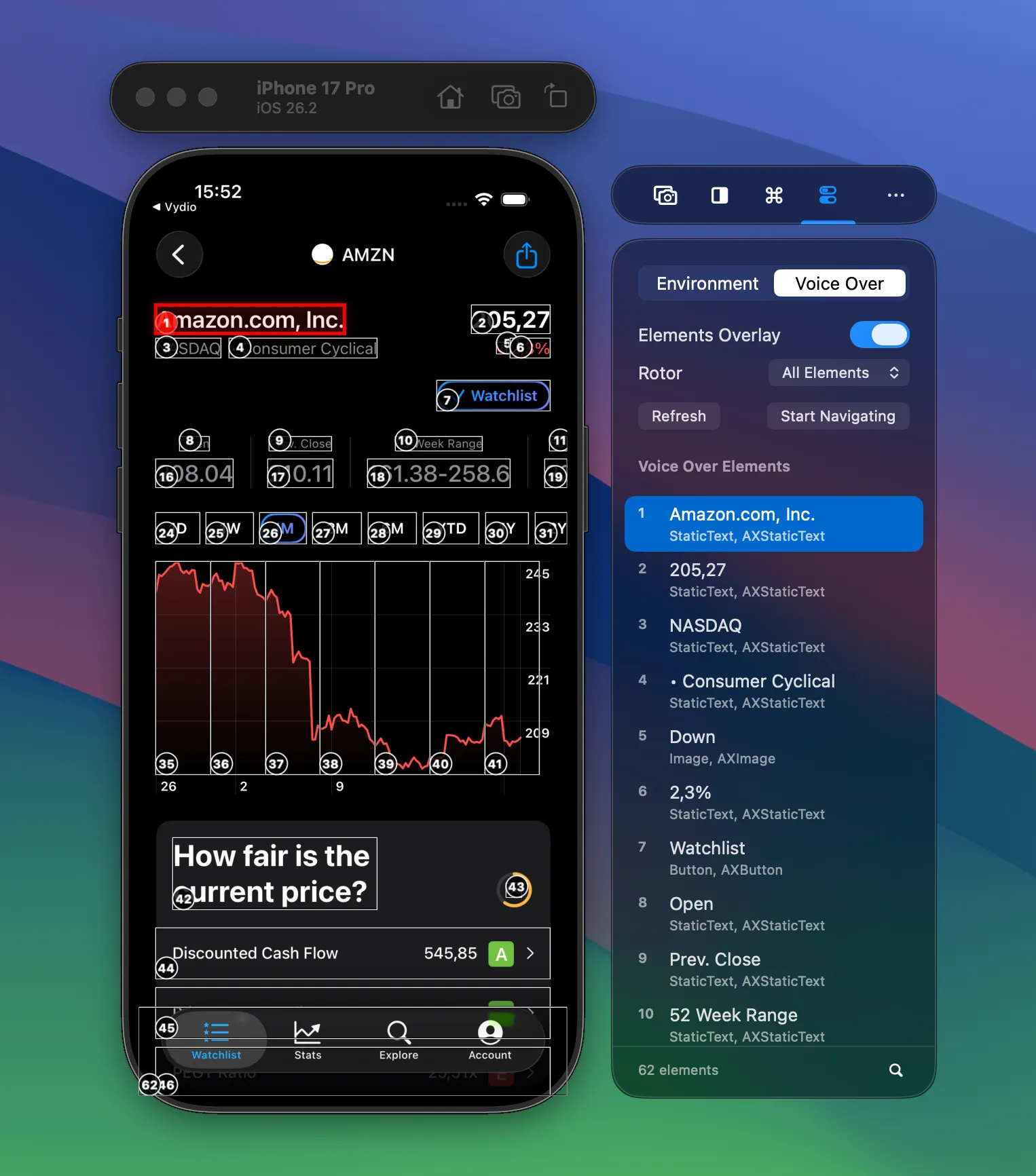VoiceOver overlay showing numbered elements on the Simulator and the Elements Overlay panel with Rotor and Voice Over Elements list.