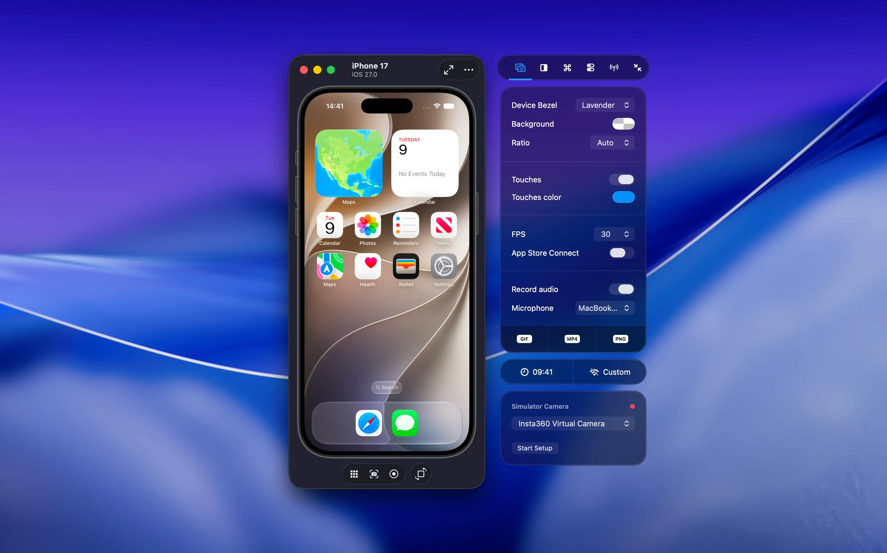 Xcode 27 Device Hub running an iPhone Simulator with the RocketSim side window attached.